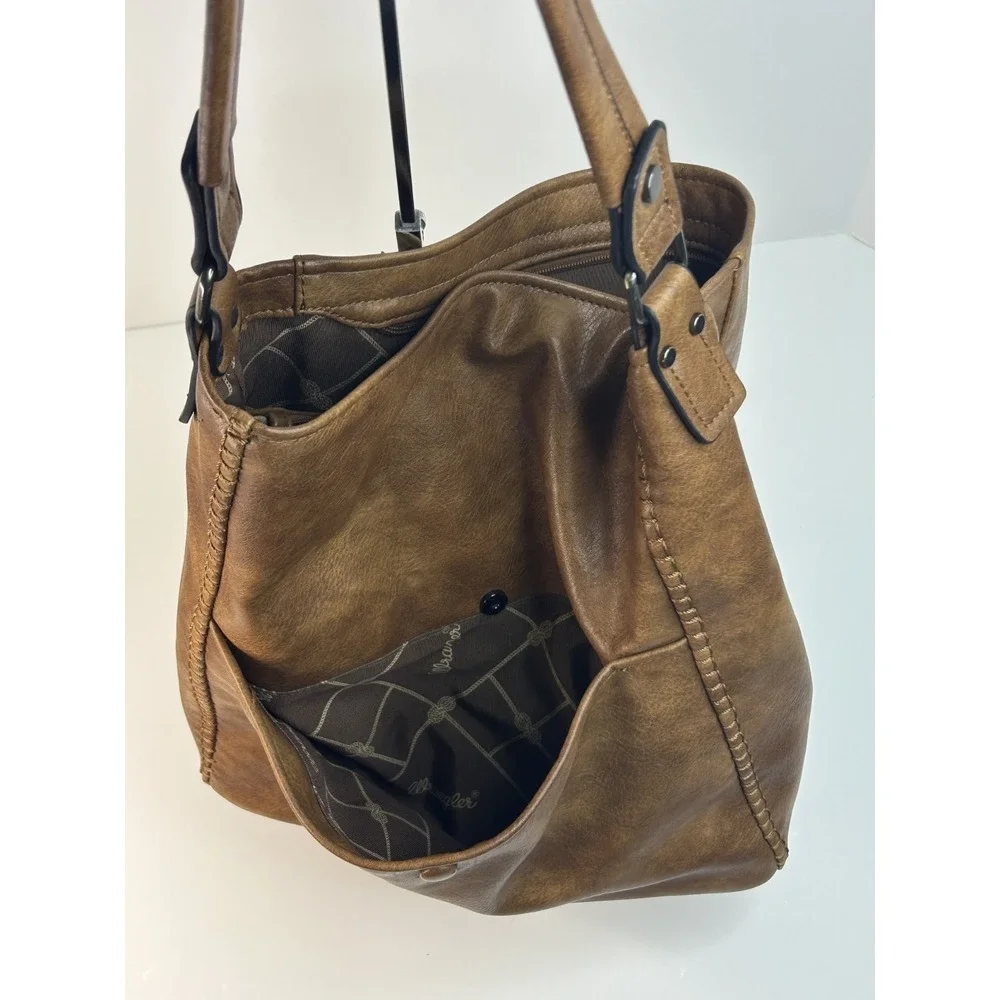 Wrangler Concealed Carrry Purse Tote Faux Leather Large Brown Pockets Full Zip